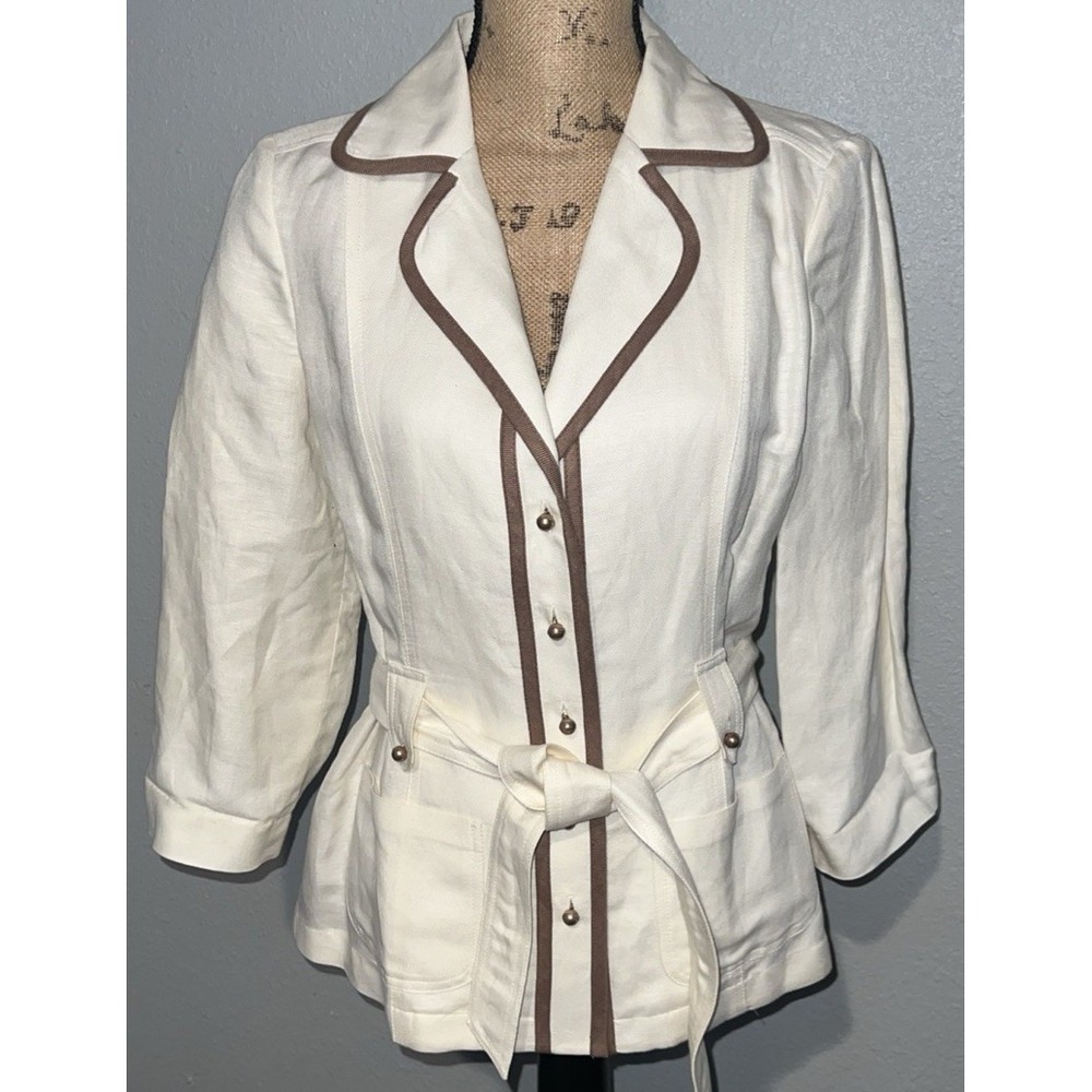 Jones Wear Linen Blend Belted Blazer Jacket Ivory Brown Trim Women's Size 8